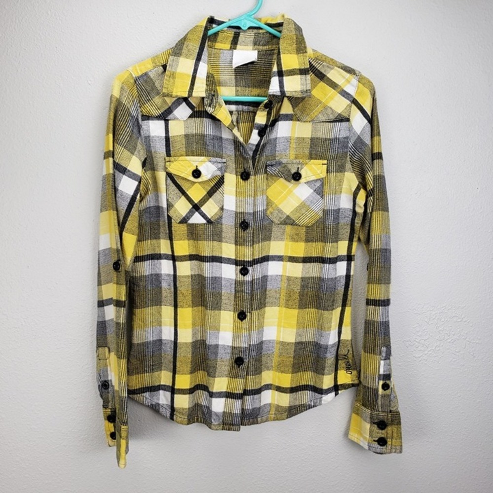 O'Neill Women's Size M Long Sleeve P Button Up Black And Yellow Checkered Plaid‎